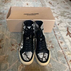 Zadig & Voltaire Leather Black and Cream Snake Print Sneakers